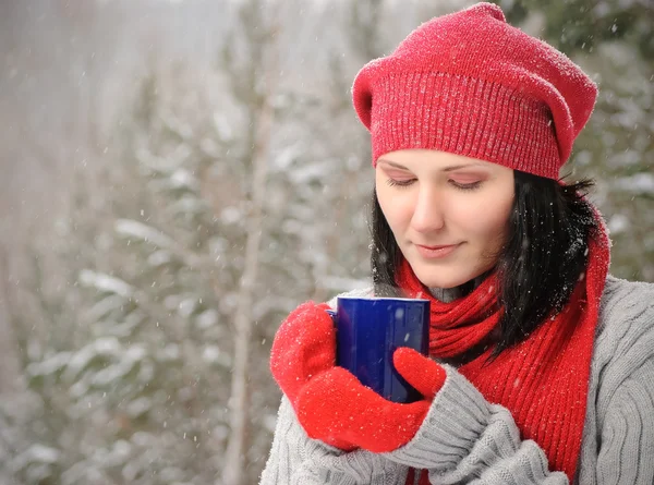 Belle fille dans la forêt d'hiver — Photo