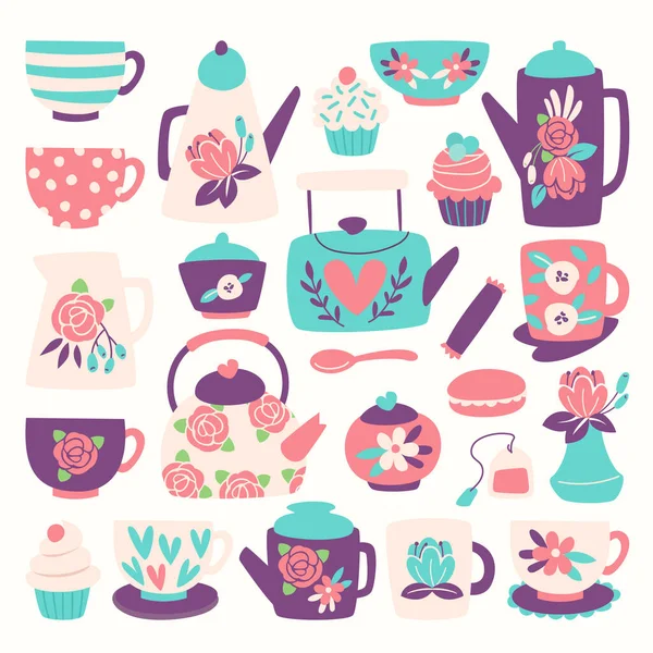 Set Colorful Tea Set Illustration — Stock vektor