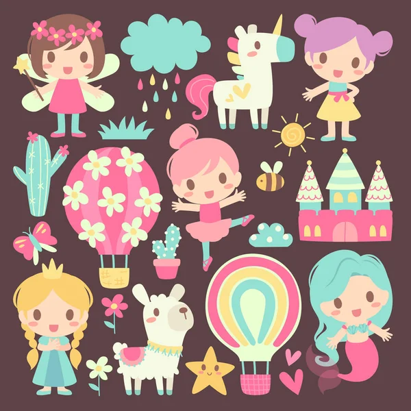 Set Cute Girl Illustration — Stockvektor