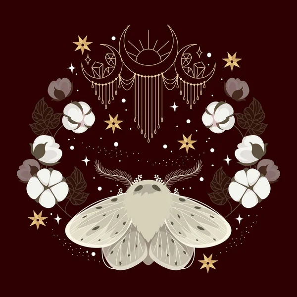 夜の天空の蛾と花のイラスト — ストックベクタ