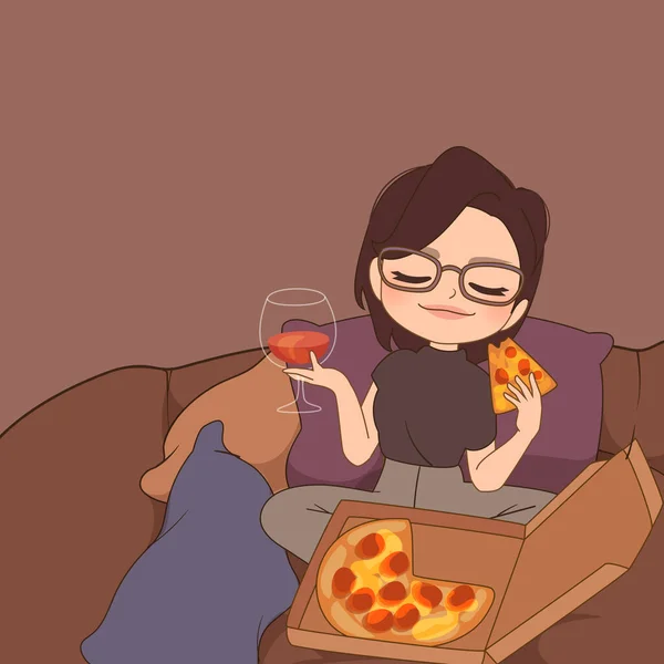 Illustrazione Una Ragazza Con Pizza Vino — Vettoriale Stock