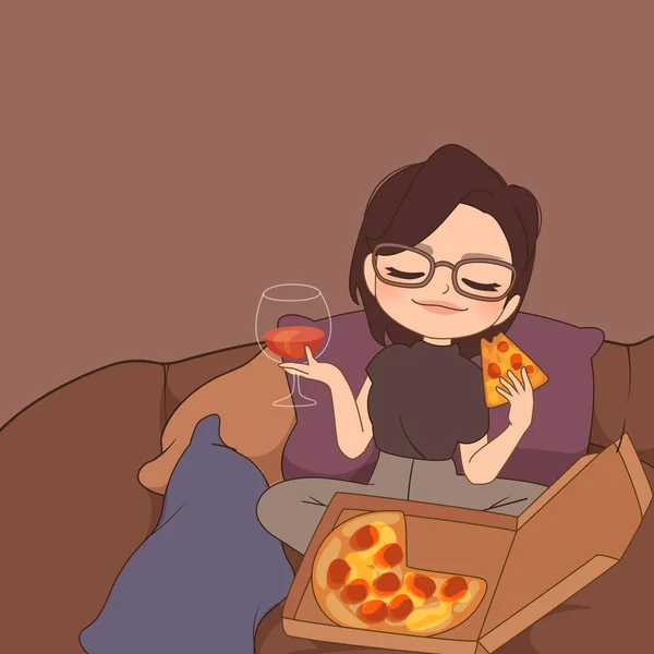 Illustration Flicka Med Pizza Och Vin — Stock vektor