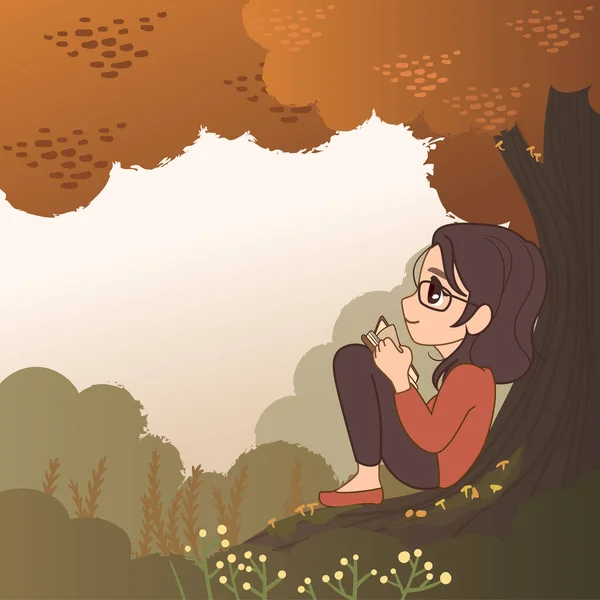 Illustration Eines Mädchens Herbstwald — Stockvektor