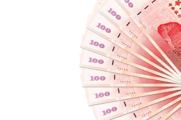 Beyaz zemin üzerinde kopya alanı olan 100 Tayvan Doları banknotları.