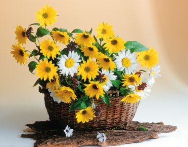 hasır sepet içinde güzel çiçekler
