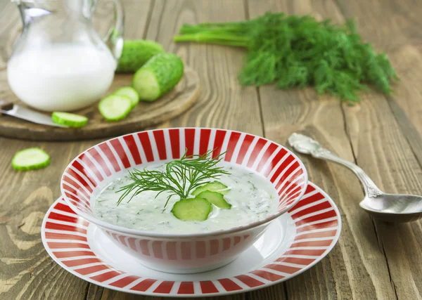 Zuppa estiva con cetrioli, yogurt ed erbe fresche — Foto Stock