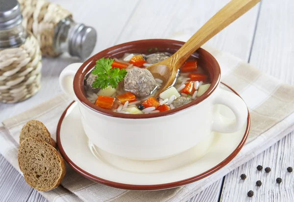 Soup with meatballs and rice — Stock Photo, Image