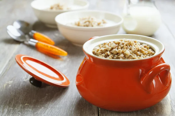 Buckwheat porridge and milk — Stock Photo, Image