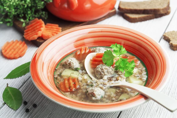 Meatball soup and buckwheat — Stock Photo, Image