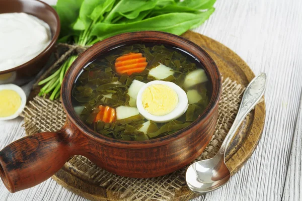 Sorrel soup with eggs — Stock Photo, Image