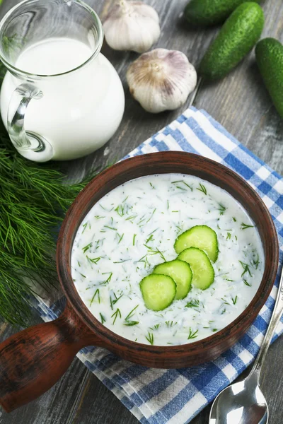 Sopa de verano con pepinos, yogur y hierbas frescas —  Fotos de Stock