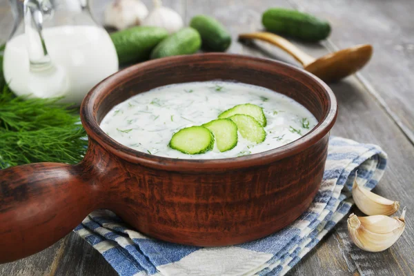 Summer soup with cucumbers, yogurt and fresh herbs — Stock Image Summer soup with cucumbers, yogurt and fresh herbs Royalty Free Stock Images