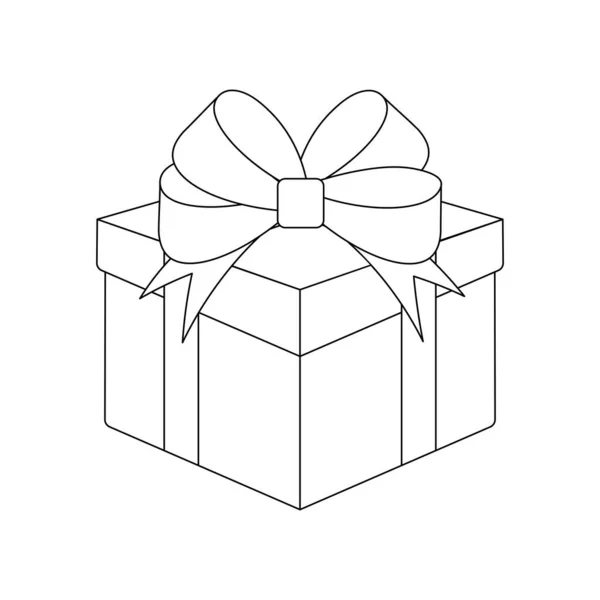 Icona regalo, scatola legata con nastro con fiocco, contorno nero isolato su sfondo bianco, illustrazione vettoriale — Vettoriale Stock
