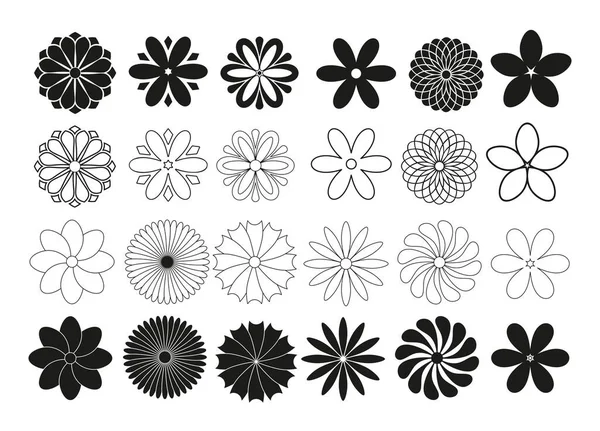 Набор радиальных цветов, тонкие черные линии на белом фоне, коллекция элементов векторного дизайна — стоковый вектор