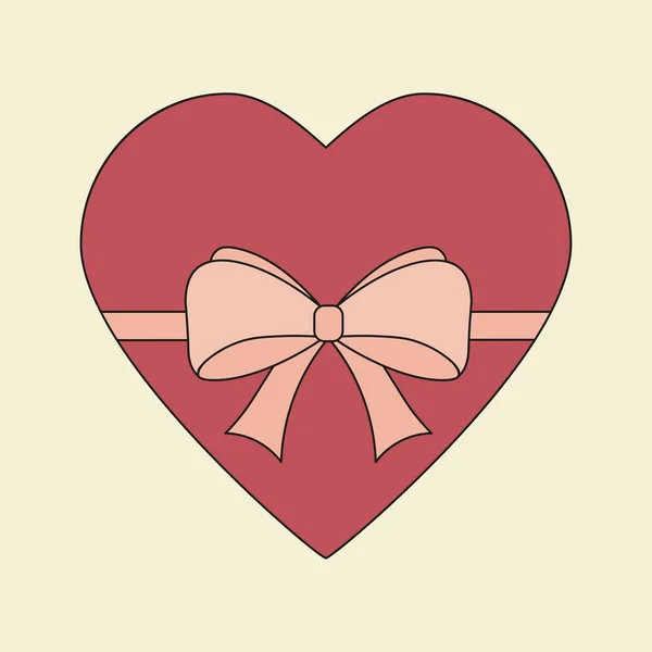 Rosa hjärta med rosett, symbol för kärlek, platt vektor illustration, svart kontur — Stock vektor