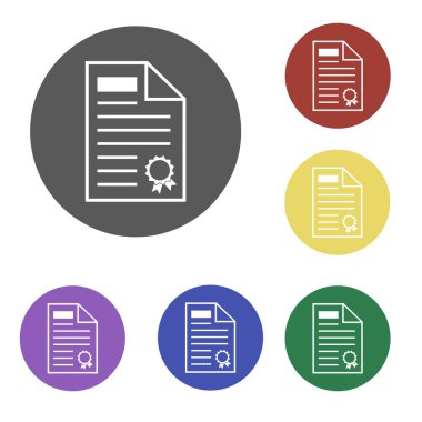 Çok renkli bir arkaplanda altı izole belge simgesi seti, beyaz ana hatlar, resimleme