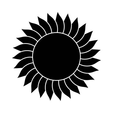 ayçiçeği, beyaz arkaplanda izole siyah çizgi, radyal tasarım elementi, güneş sembolü, düz illüstrasyon, ikon vektörü