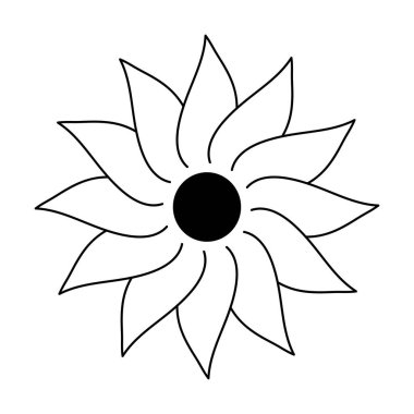 Beyaz arkaplanda izole edilmiş çiçek simgesi çizgisi, keskin şekilli taç yaprakları, dairesel süs, mandala, çocuk çizim tarzı, düz grafikler