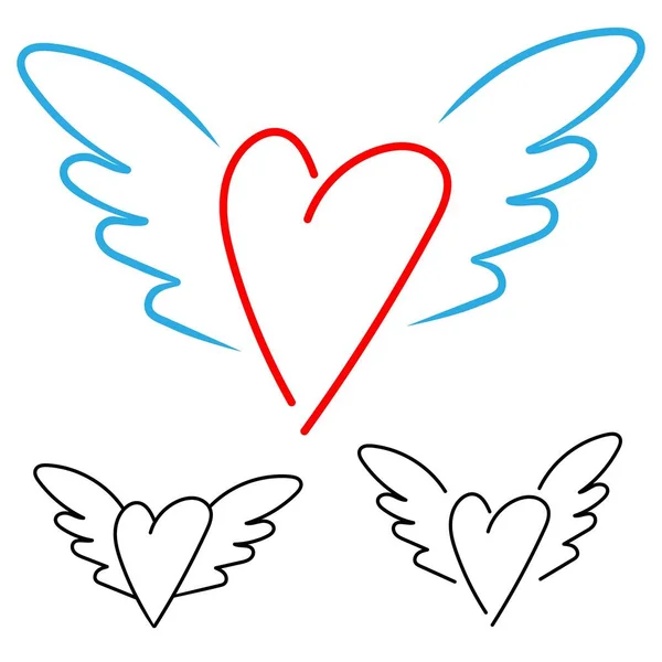Символ Купидов Красное Сердце Голубыми Крыльями Линия Рисунка Белом Фоне — стоковый вектор