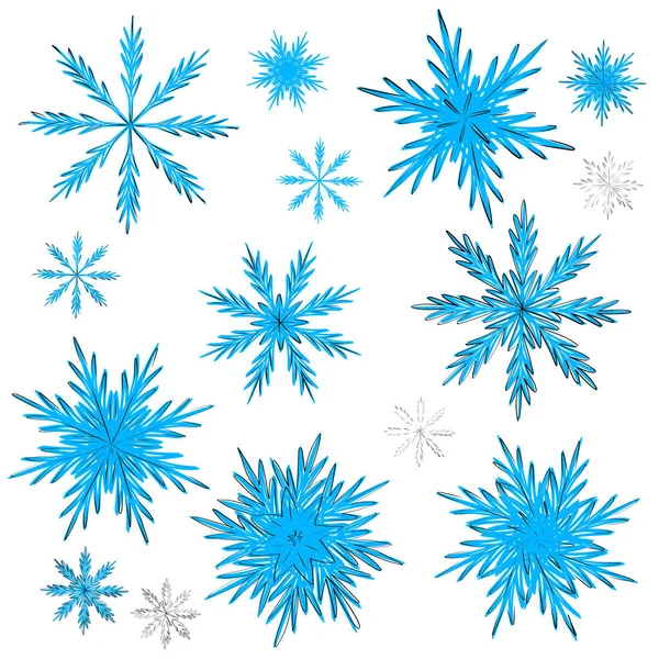 Un conjunto de copos de nieve azules dibujados a mano, ilustración plana, contorno negro, elementos de diseño para decorar una tarjeta de felicitación o un post de Navidad en una red social, gráficos vectoriales — Archivo Imágenes Vectoriales