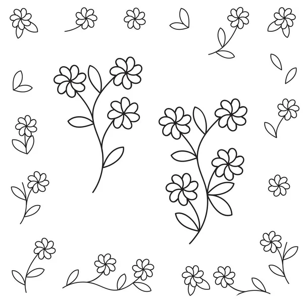 Set of black and white flower icons with leaves for decorating spring illustrations, design element, flat vector graphics — Stock Vector