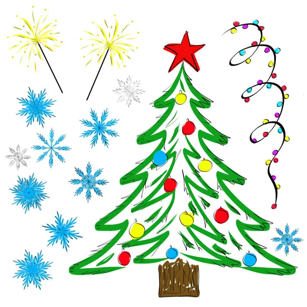 クリスマスの挨拶を飾るための手書きの要素のセット,風船とクリスマスツリー,ガーランド,輝き,雪の結晶,フラットベクトルイラスト — ストックベクタ