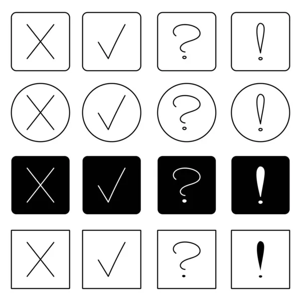 Conjunto de signos de interrogación manuscritos en blanco y negro, signos de exclamación, hecho, cancelación aislada sobre un fondo blanco, gráficos para el diseño del sitio web, presentación, aplicación móvil, vector — Archivo Imágenes Vectoriales