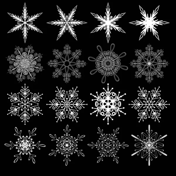 Un conjunto de copos de nieve blancos dibujados a mano, ilustración plana, fondo negro, elementos de diseño para decorar una tarjeta de felicitación o un post de Navidad en una red social, gráficos —  Fotos de Stock