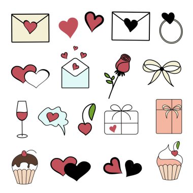 a set of colorful icons for decorating birthday greetings, love symbols, Valentines day, flat vector graphics with a black outline, the ability to change colors