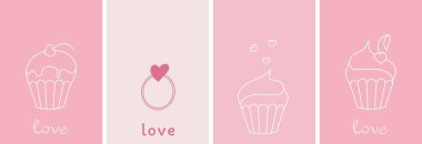 Hassas bir arkaplanda dört adet pembe sevgililer günü kartı, pasta, yüzük, aşk sembolü, minimalizm, düz vektör grafikleri, çizim, metin yeri, sevgililer günü tebrik kartı.