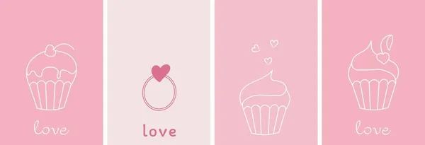 Készlet Négy Rózsaszín Valentin Napi Torta Gyűrű Szerelem Szimbólumok Egy — Stock Vector