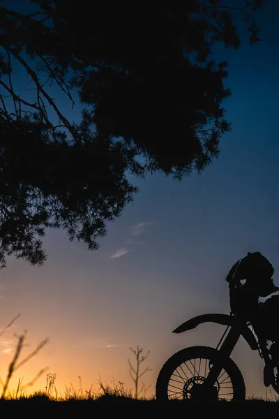 Moto Silhoette Enduro Road Aventura Pôr Sol Nascer — Fotografia de Stock