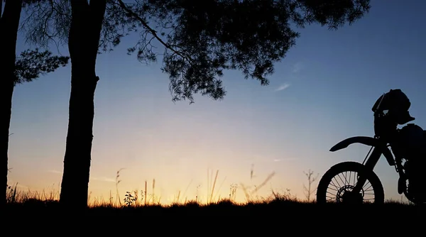 Moto Silhoette Enduro Road Aventura Pôr Sol Nascer — Fotografia de Stock