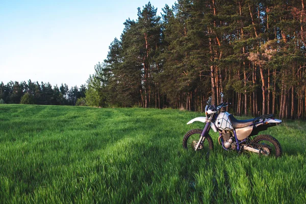 Enduro Road Motorcycle Green Grass Hill Landscape Pine Forest Sunset — Stock Photo, Image