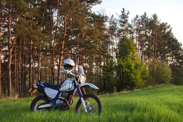 Enduro Road Motocykl Zielonej Trawie Górski Krajobraz Sosnowy Las Zachód — Zdjęcie stockowe