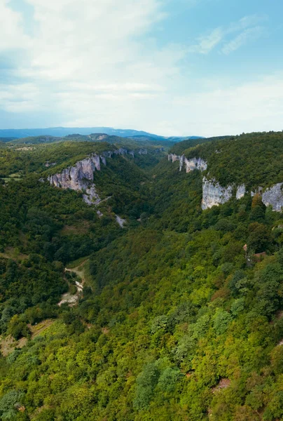 Luchtfoto Bergen Georgische Bezienswaardigheden Natuur Groen Bos Uitzicht Vanaf Klooster — Stockfoto