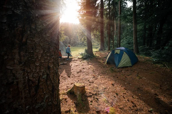 Женщина Встречает Утро Закат Лесу Туристическая Палатка Лагерь Реакреации Красивый — стоковое фото