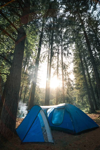 Big Dome Camping Tent Vestibule Warm Sun Rays Tourist Camp — стоковое фото