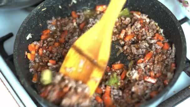 Mixing the filling for minced meat lasagna with vegetables, carrots, onions, bay leaf and tomato paste with a spatula to fry in a hot frying pan in fat and oil. Hot oil sizzles and bubbles — Stock Video