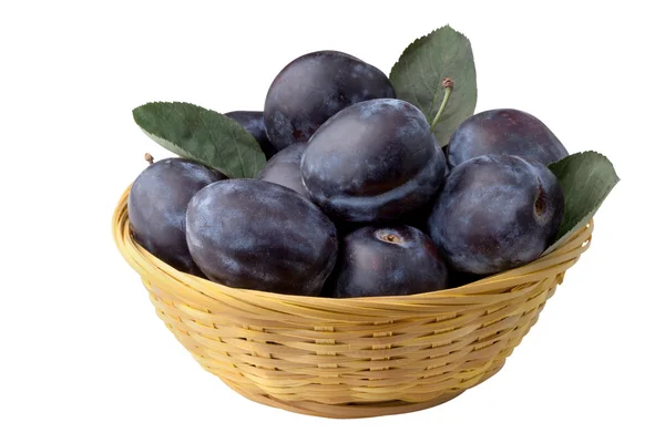 Plums in basket, isolated on white background — Stock Photo, Image