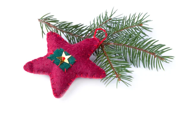 Rustieke Kerstdecoratie met fir branch op wit — Stockfoto