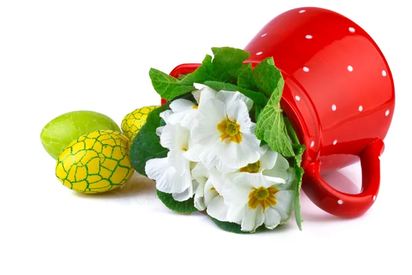 Uova di Pasqua e brocca rossa con fiori bianchi, isolata su bianco — Foto Stock