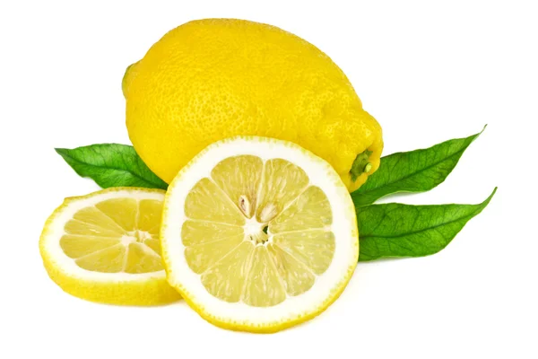 Fresh lemon with leaves isolated on white — Stock Photo, Image