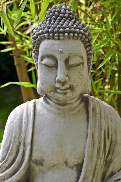 Buddha sculpture with bamboo leaves — Stock Photo, Image