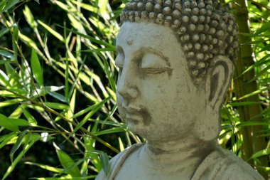 Buda yüz arka plan bambu yaprak ile