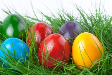 Yeşil çimlerde renkli paskalya yumurtaları