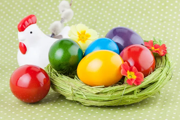 Easter Eggs decorated on a Green Polka Dot Napkin — Stockfoto