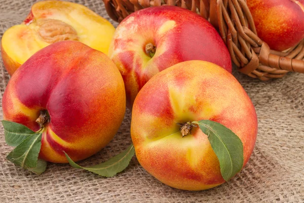 Perzik- of nectarinebomen toegekend op jute achtergrond — Stockfoto