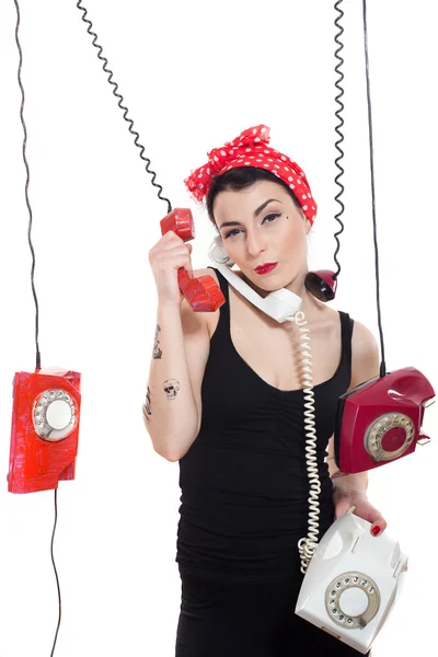 Woman with 3 phones — Stock Photo, Image