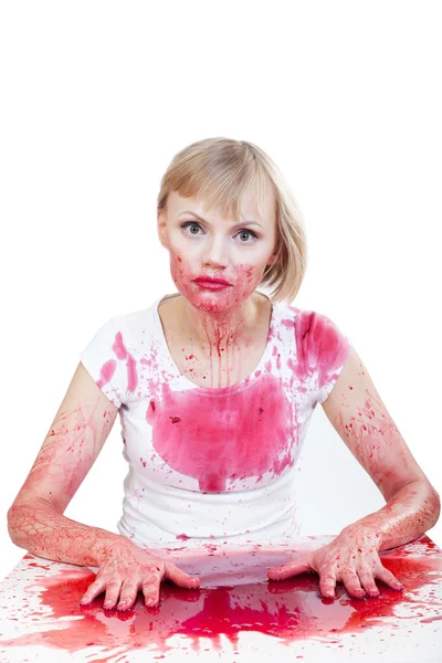 Woman covered in red liquid — Stock Photo, Image